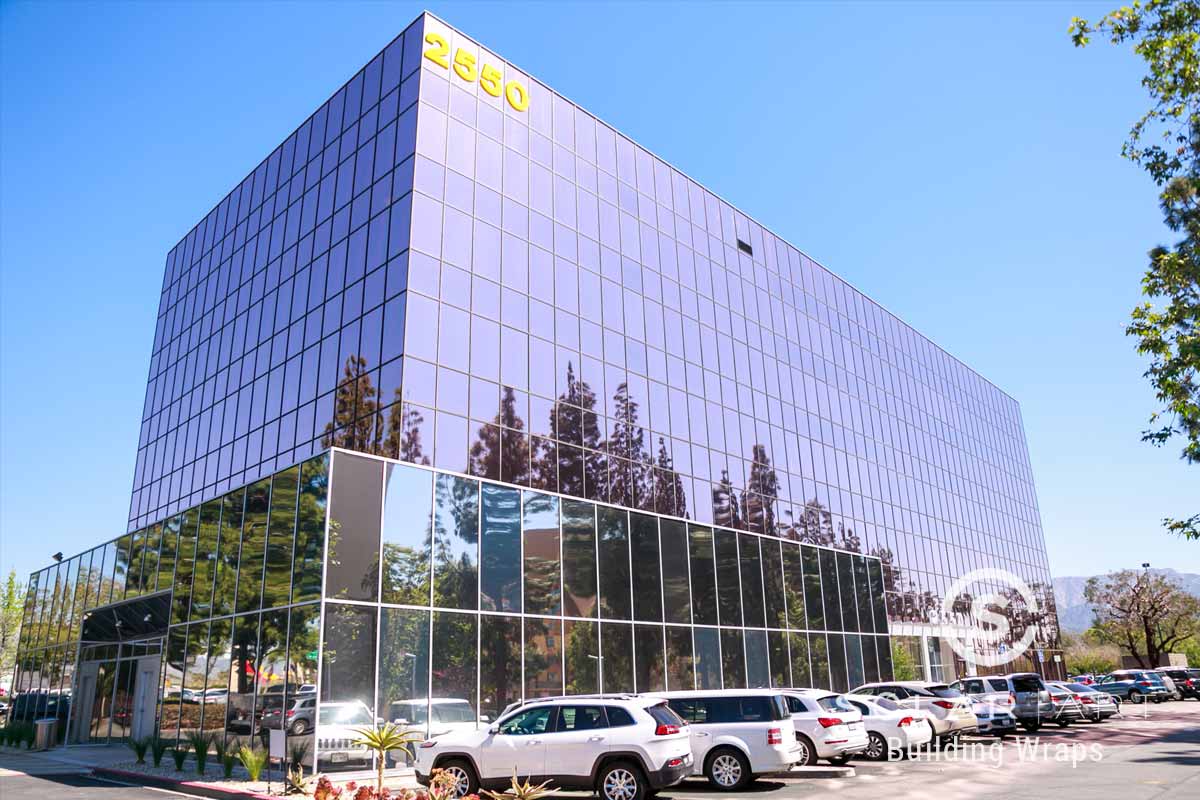 Building Wrap With Two Different Films Installed in Burbank, California